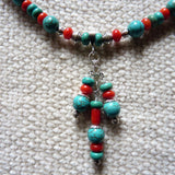 turquoise and coral southwestern style silver necklace and earring  set