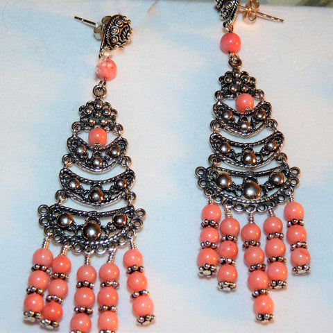 salmon pink coral long chandelier earrings