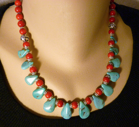 southwestern turquoise teardrop and coral with sterling necklace