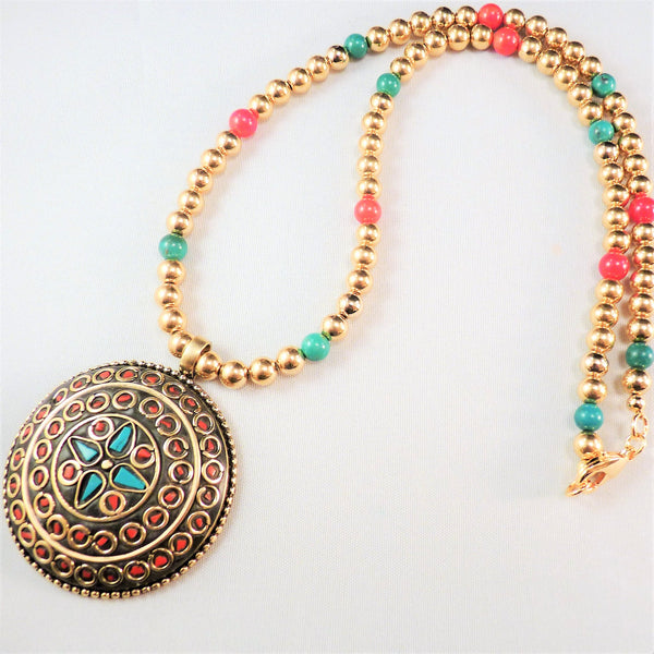 Tibetan Brass Coral and Turquoise Pendant and Beads Necklace – Kaminski  Jewelry Designs