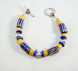 colorful cobalt blue krobo african trade beads and silver bracelet