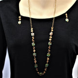 long green and amber czech beads and bronze wirework necklace and earrings