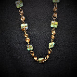 long green and amber czech beads and bronze wirework necklace and earrings
