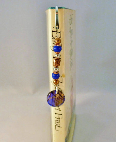 cobalt blue beads with copper and silver beaded bookmark