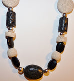 black and cream lava and agate silver necklace and earring set