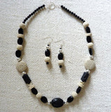 black and cream lava and agate silver necklace and earring set