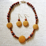 gold lava, jasper & golden coral brass necklace and earring set