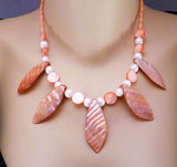 mother of pearl leaf design, pearls and salmon coral necklace and earrings