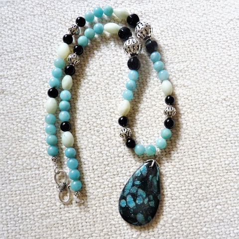 blue and black coral fossil pendant and amazonite sterling necklace