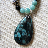 blue and black coral fossil pendant and amazonite sterling necklace