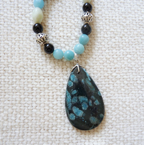 Blue and Black Coral Fossil Pendant and Amazonite Sterling Necklace ...