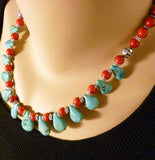 southwestern turquoise teardrop and coral with sterling necklace