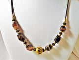 men's or women's african trade beads and striped agate with brass and leather necklace