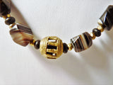 men's or women's african trade beads and striped agate with brass and leather necklace