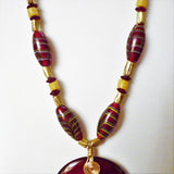 red horn and ruby red feather african trade beads necklace