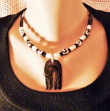 black panther horn pendant african batik bone and sterling necklace