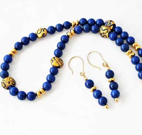 lapis and lampwork beads gold filled necklace and earring set
