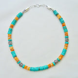 southwestern styleturquoise and orange spiny oyster sterling necklace
