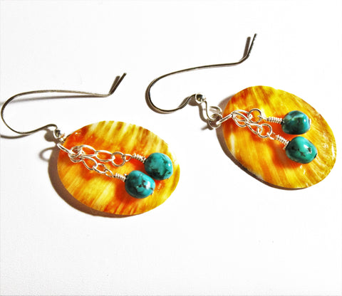 orange spiny oyster and turquoise southwestern silver earrings
