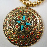 tibetan brass coral and turquoise pendant and beads necklace
