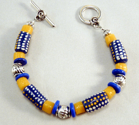 colorful cobalt blue krobo african trade beads and silver bracelet