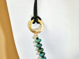 tibetan turquoise and brass large focal beads and mosaic turquoise on leather