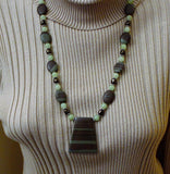 mint green and mocha ribbon jasper, serpentine and brown pearls long sterling necklace