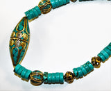 tibetan brass inlaid turquoise focal bead, turquoise and brass necklace