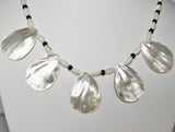 teardrop mother of pearl pendant beads, black seed beads sterling necklace and earrings