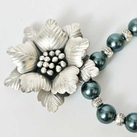 silver tropical flower pendant swarovski tahitian pearls and silver beads necklace and earrings