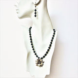 silver tropical flower pendant swarovski tahitian pearls and silver beads necklace and earrings