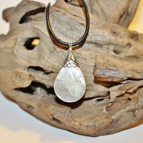 mother of pearl and sterling teardrop pendant on black leather cord