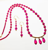 fuchsia swarovski crystals and gold necklace and earring set