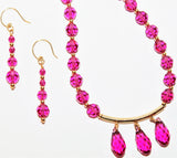 fuchsia swarovski crystals and gold necklace and earring set