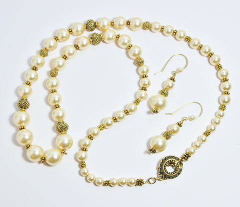 swarovski light gold crystal pearl and antique gold plated pewter necklace and earring set