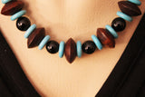 turquoise with sono wood and black onyx on leather cord necklace