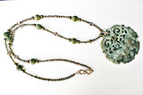 carved green oriental  butterfly pendant with czech beads and bronze necklace and earrings