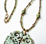 carved green oriental  butterfly pendant with czech beads and bronze necklace and earrings
