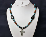 men's celtic cross with turquoise, black agate and wood necklace