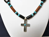 men's celtic cross with turquoise, black agate and wood necklace