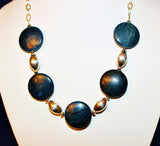 large coin dark blue dumortierite gemstone beads and sterling beads on chain necklace
