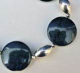 large coin dark blue dumortierite gemstone beads and sterling beads on chain necklace