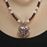 sterling filigree heart, deep red garnet gemstone beads and freshwater pearls with bali sterling
