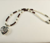 sterling filigree heart, deep red garnet gemstone beads and freshwater pearls with bali sterling