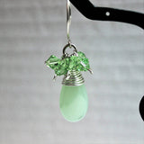 sterling wrapped light green chalcedony teardrops with peridot swarovski crystals earrings