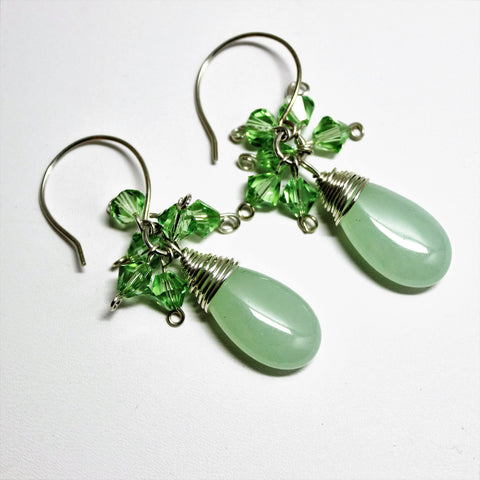 sterling wrapped light green chalcedony teardrops with peridot swarovski crystals earrings