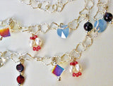 long textured silver heart chain with multi colored swarovski crystals and beads