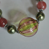 venetian blown glass green and red striped bead, pearls, cherry quartz bali sterling necklace