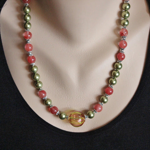 venetian blown glass green and red striped bead, pearls, cherry quartz bali sterling necklace