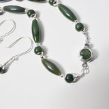 dark green natural gemstone nephrite jade and sterling necklace and earrings